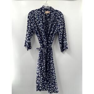 Papinelle Women's Navy Blue Cotton Floral 3/4 Sleeve Sleepwear Robe Size Small